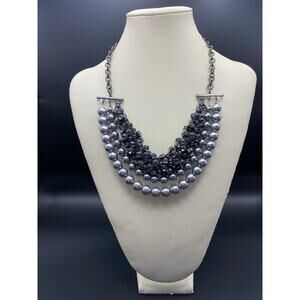 LOFT Chunky Gray Faux Pearl & Black Crystal Statement Necklace Bib Choker
